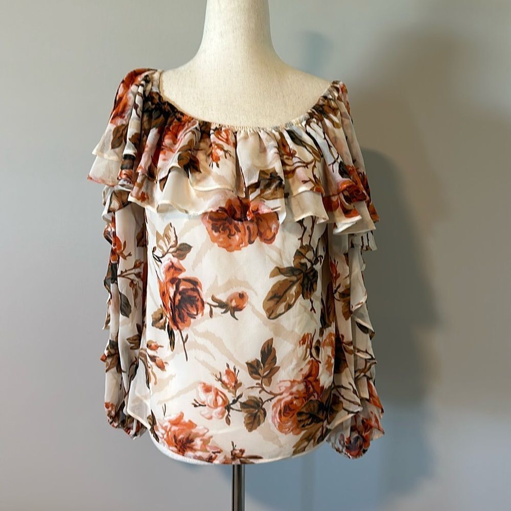 Sz XS White House Black Market rose warm tone ruffled long sleeve blouse